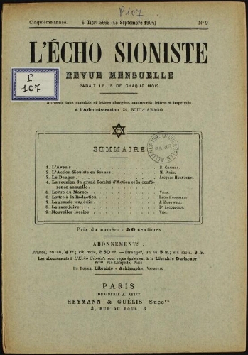 L'Echo Sioniste. Vol. 5 n° 9 (15 septembre 1904)